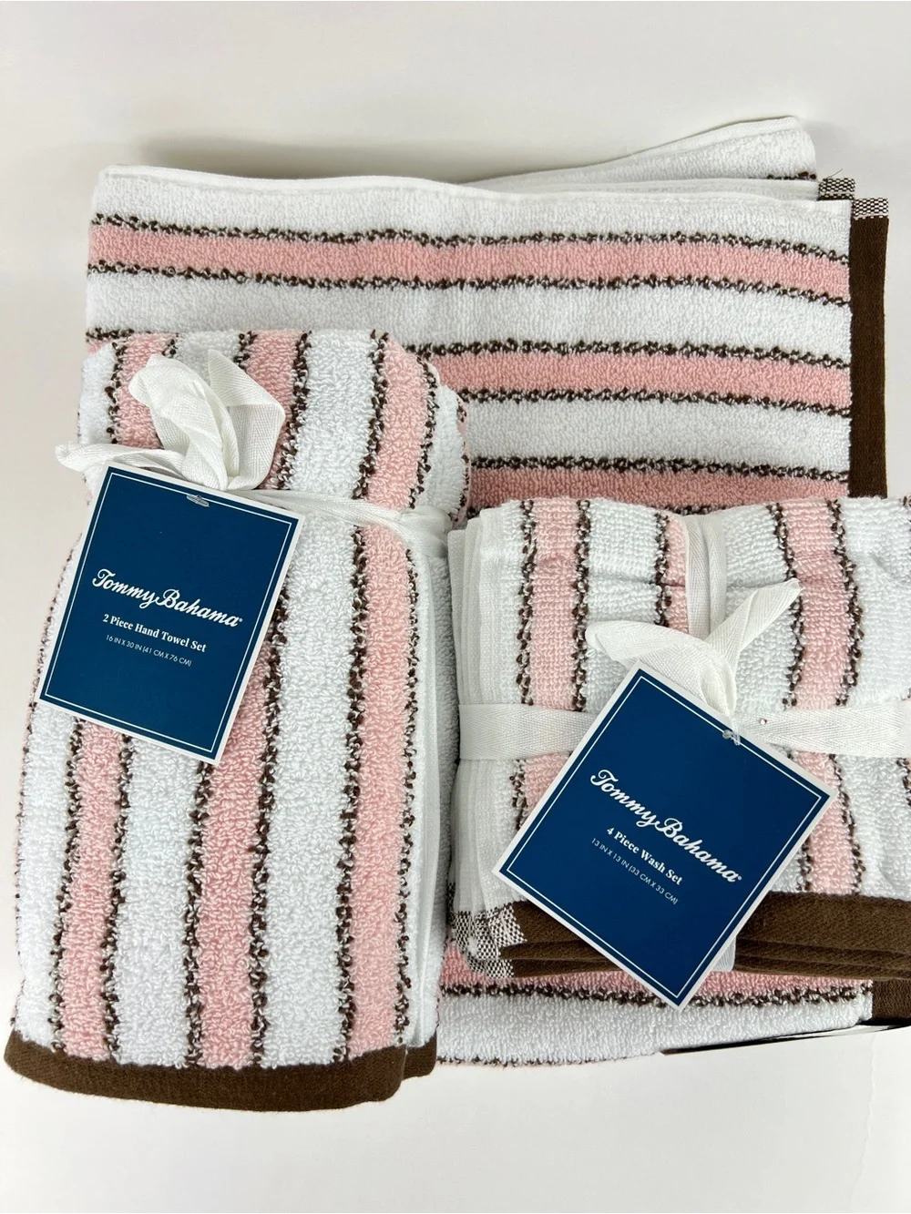 Tommy Bahama Bathroom Towel Set Pink Brown White Ticking Stripe Cotton 8 Pc NEW